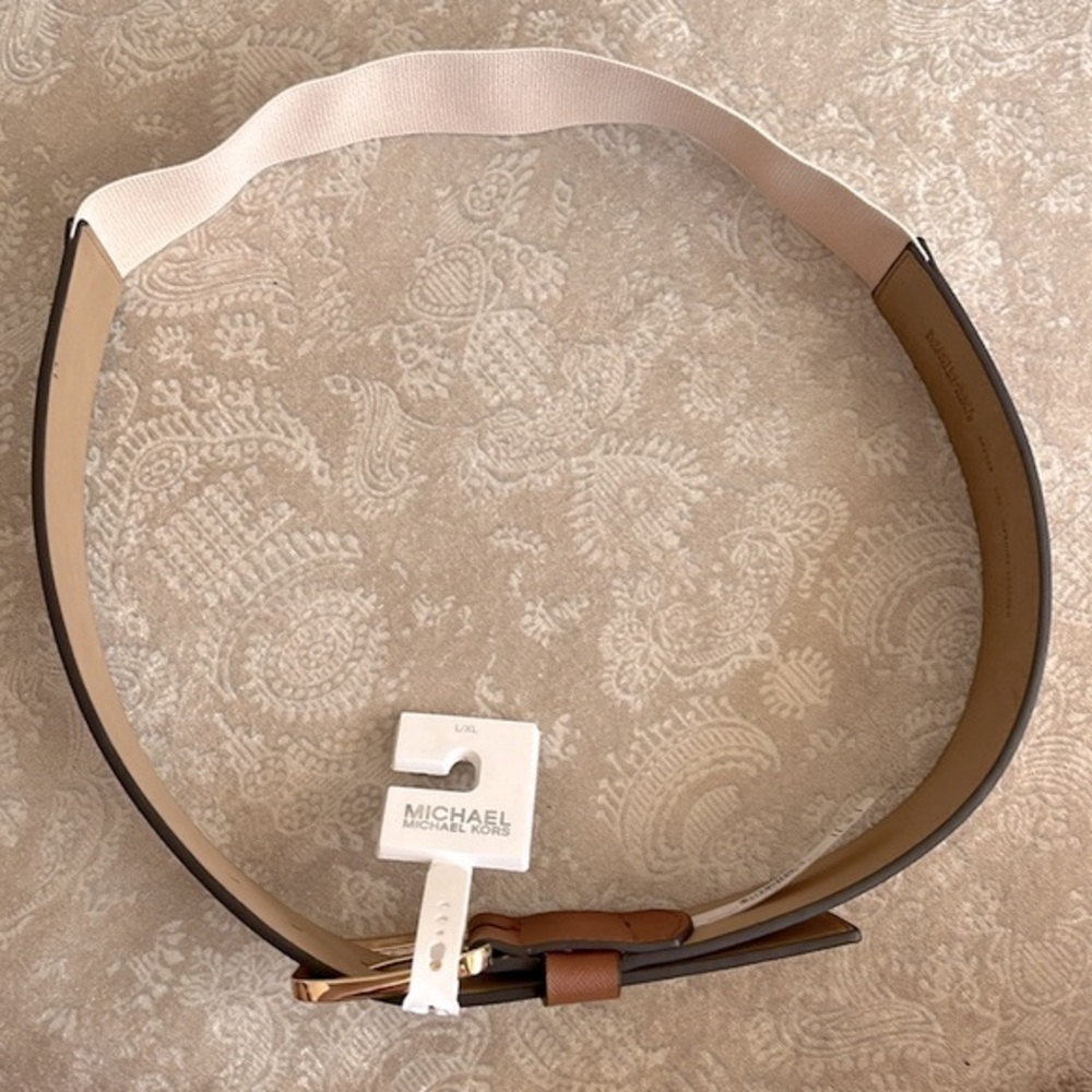 Brand New Michael Kors Genuine Leather Wide Strap Belt Elastic Stretch Cognac - Picture 4 of 15